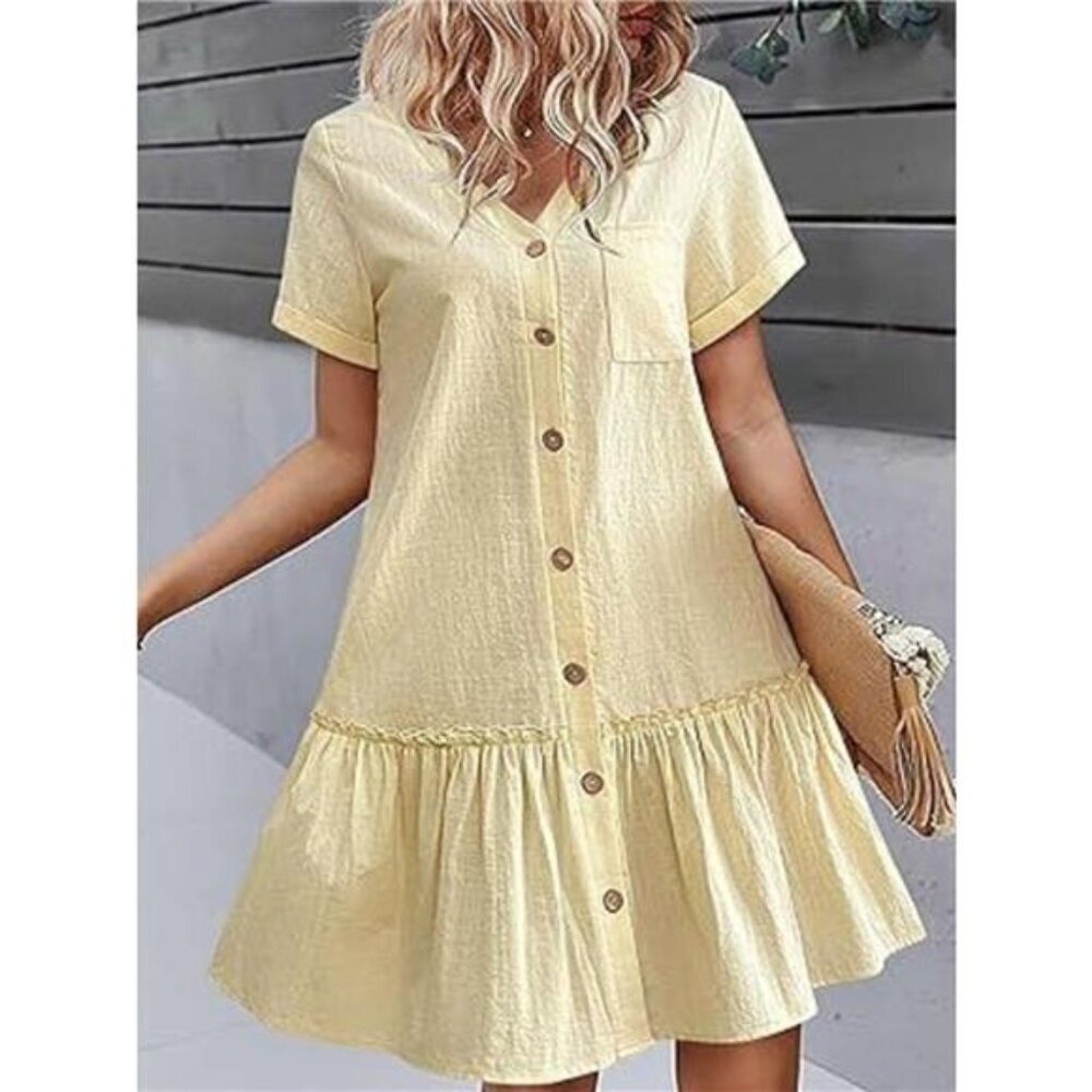 Full Size Button-Front Short Sleeve Tiered Dress Plus Size